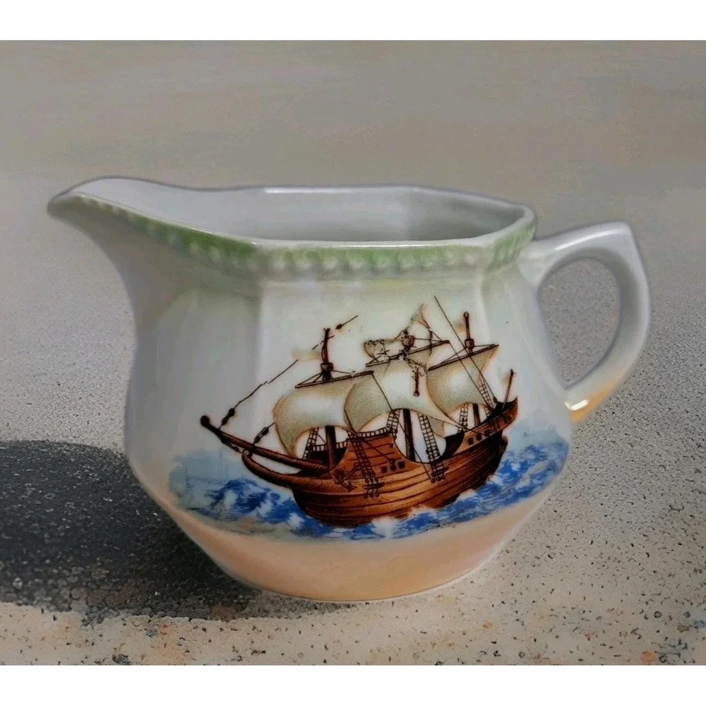 Vintage German Porcelain Creamer Pitcher Sailing Ship Nautical Decor 159